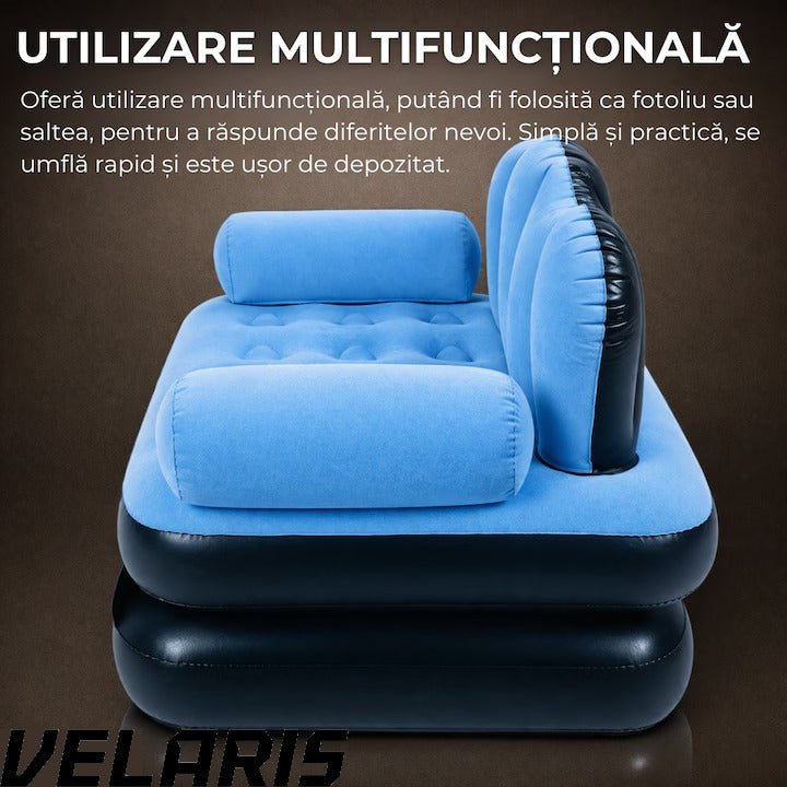 Fotoliu Gonflabil XL 2 in 1 Portabil Pentru Interior, Exterior, Camping sau Plaja, Design Ergonomic, 100x88x90 cm, Albastru