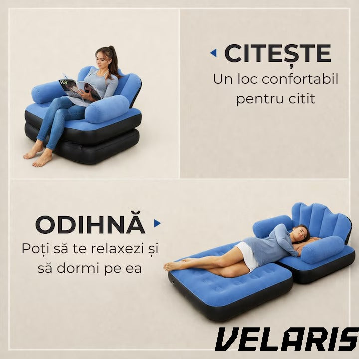 Fotoliu Gonflabil XL 2 in 1 Portabil Pentru Interior, Exterior, Camping sau Plaja, Design Ergonomic, 100x88x90 cm, Albastru