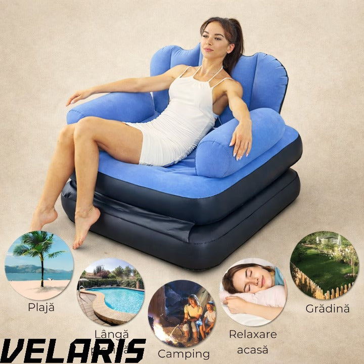 Fotoliu Gonflabil XL 2 in 1 Portabil Pentru Interior, Exterior, Camping sau Plaja, Design Ergonomic, 100x88x90 cm, Albastru
