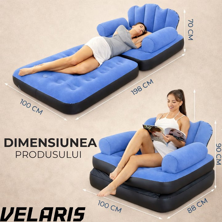 Fotoliu Gonflabil XL 2 in 1 Portabil Pentru Interior, Exterior, Camping sau Plaja, Design Ergonomic, 100x88x90 cm, Albastru