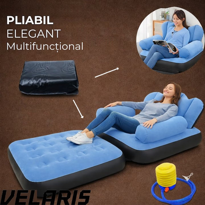 Fotoliu Gonflabil XL 2 in 1 Portabil Pentru Interior, Exterior, Camping sau Plaja, Design Ergonomic, 100x88x90 cm, Albastru