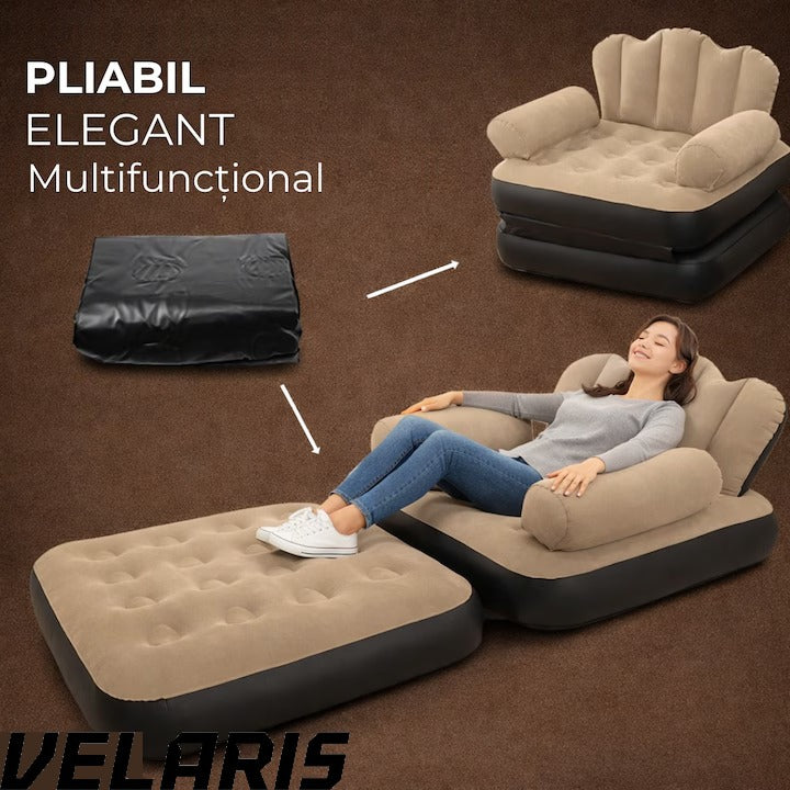 Fotoliu Gonflabil XL 2 in 1 Portabil Pentru Interior, Exterior, Camping sau Plaja, Design Ergonomic, 100x88x90 cm, Maro
