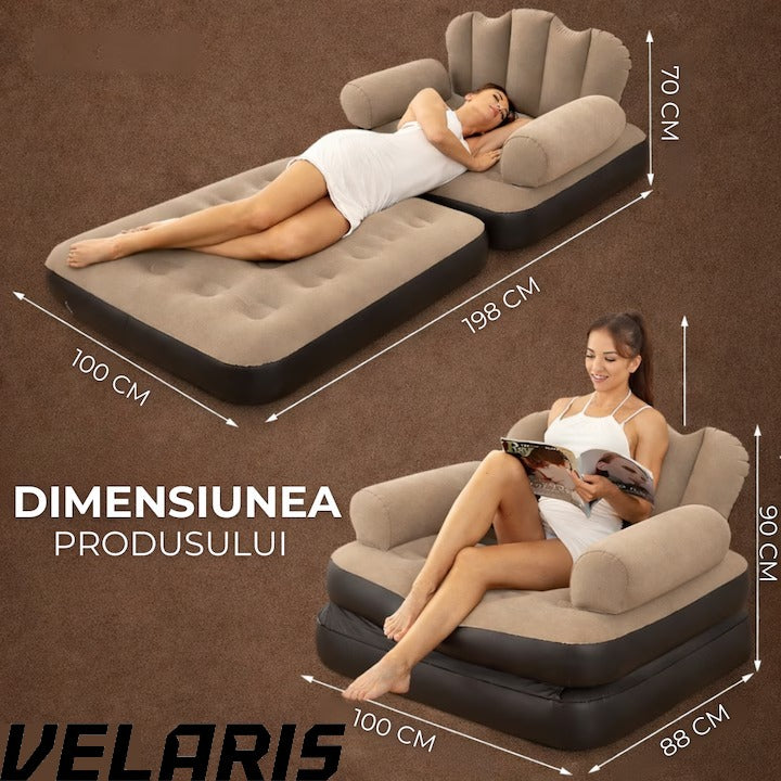 Fotoliu Gonflabil XL 2 in 1 Portabil Pentru Interior, Exterior, Camping sau Plaja, Design Ergonomic, 100x88x90 cm, Maro