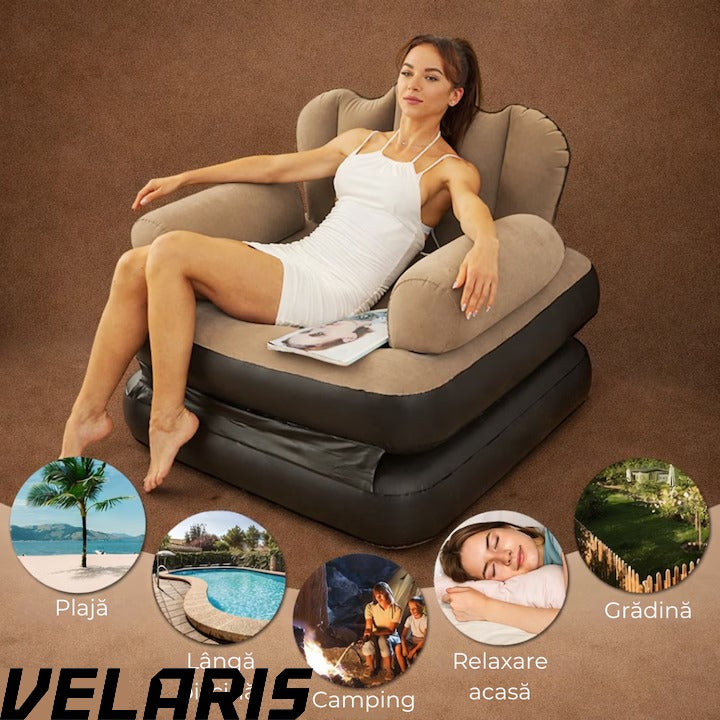 Fotoliu Gonflabil XL 2 in 1 Portabil Pentru Interior, Exterior, Camping sau Plaja, Design Ergonomic, 100x88x90 cm, Maro
