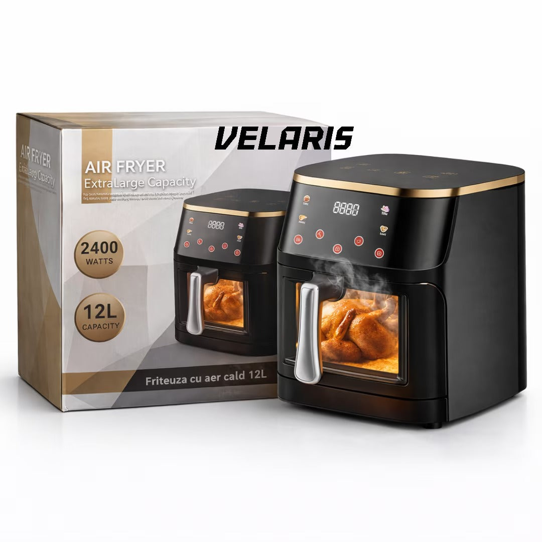 Friteuza aer cu aer cald 12L 2400W, fereastra transparenta, panou digital touch, 8 programe presetate, control temperatura 80-200°C, timer 0-60 min, gatire fara ulei, functie 3D, aer circulant