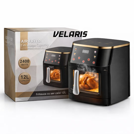 Friteuza aer cu aer cald 12L 2400W, fereastra transparenta, panou digital touch, 8 programe presetate, control temperatura 80-200°C, timer 0-60 min, gatire fara ulei, functie 3D, aer circulant