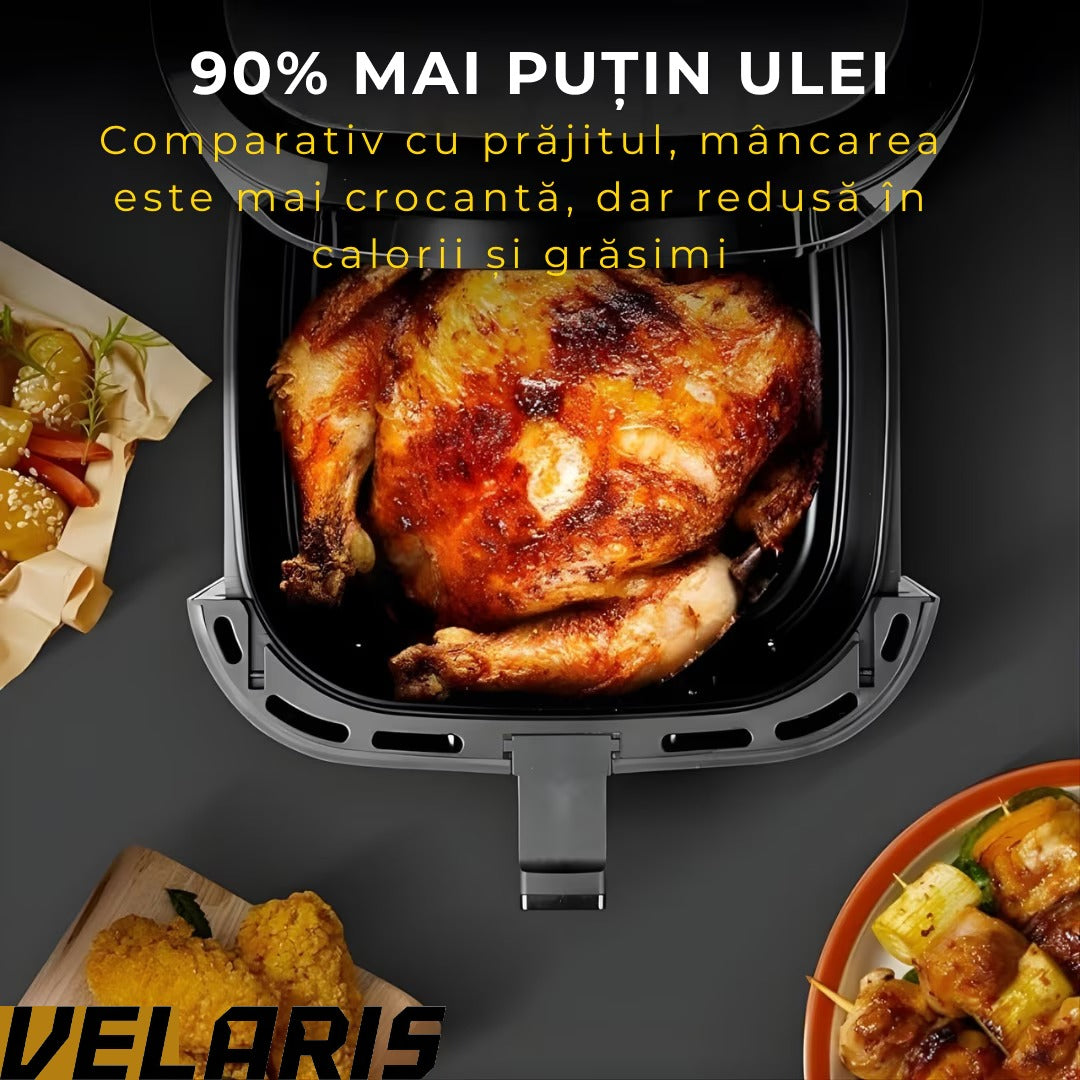 Friteuza aer cu aer cald 12L 2400W, fereastra transparenta, panou digital touch, 8 programe presetate, control temperatura 80-200°C, timer 0-60 min, gatire fara ulei, functie 3D, aer circulant