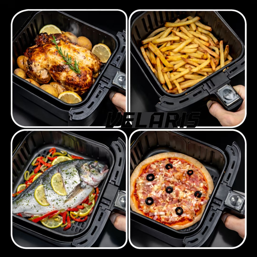 Friteuza aer cu aer cald 12L 2400W, fereastra transparenta, panou digital touch, 8 programe presetate, control temperatura 80-200°C, timer 0-60 min, gatire fara ulei, functie 3D, aer circulant