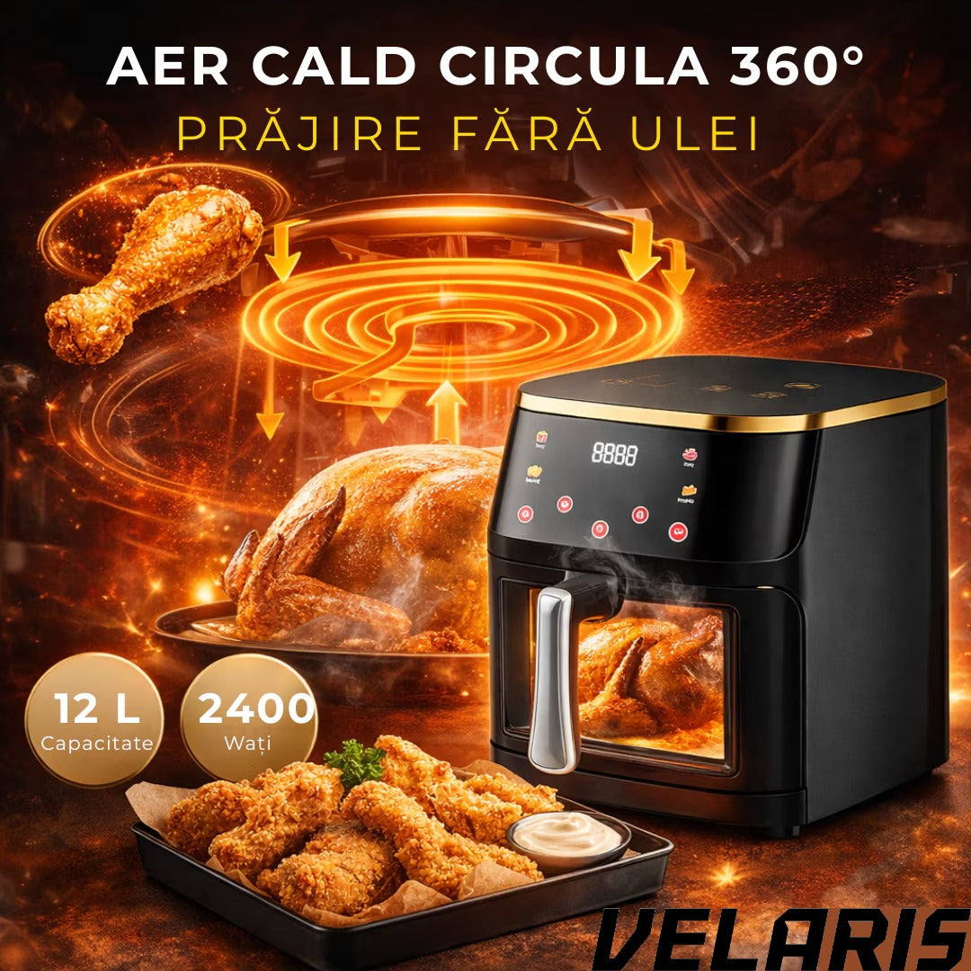 Friteuza aer cu aer cald 12L 2400W, fereastra transparenta, panou digital touch, 8 programe presetate, control temperatura 80-200°C, timer 0-60 min, gatire fara ulei, functie 3D, aer circulant