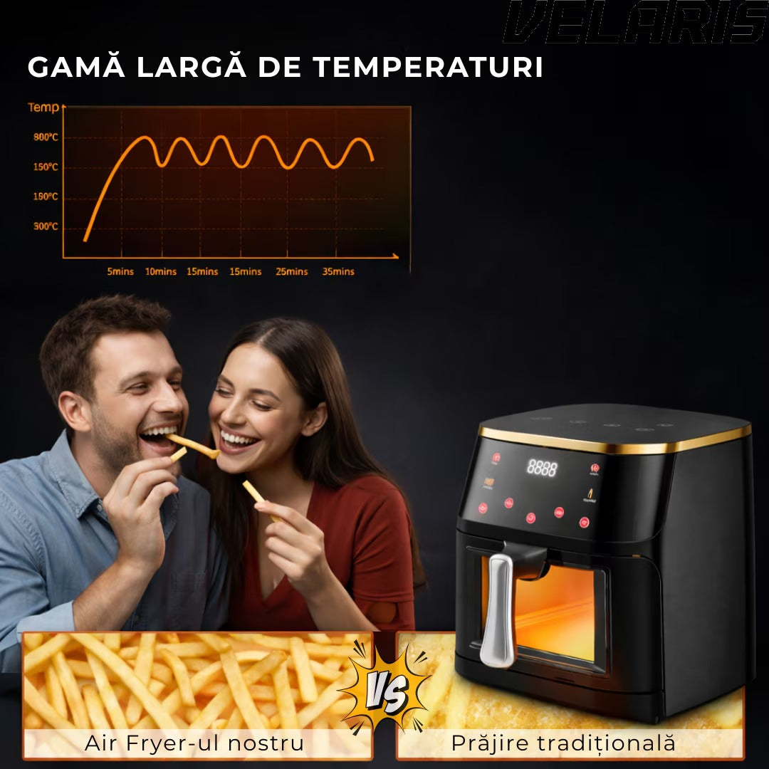 Friteuza aer cu aer cald 12L 2400W, fereastra transparenta, panou digital touch, 8 programe presetate, control temperatura 80-200°C, timer 0-60 min, gatire fara ulei, functie 3D, aer circulant