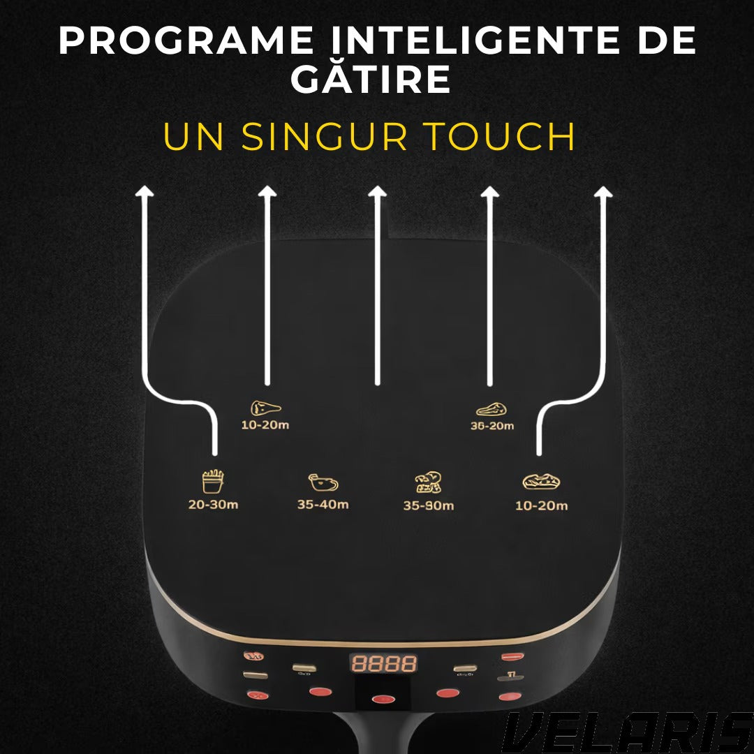 Friteuza aer cu aer cald 12L 2400W, fereastra transparenta, panou digital touch, 8 programe presetate, control temperatura 80-200°C, timer 0-60 min, gatire fara ulei, functie 3D, aer circulant