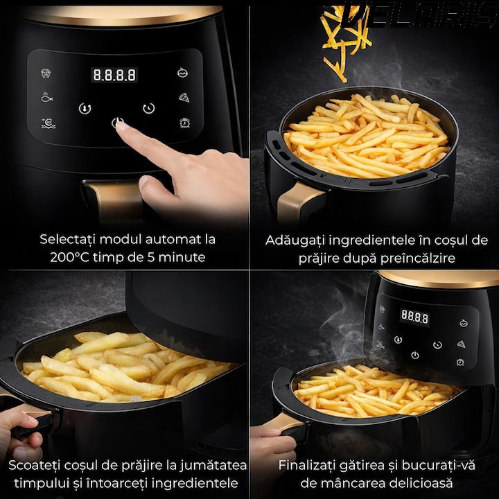 Friteuza cu Aer Cald, Air Fryer, Filtru de Aer Integrat, 6 Programe, Putere 2400W, Control Temperatura, Cronometru Reglabil, Capacitate 6L