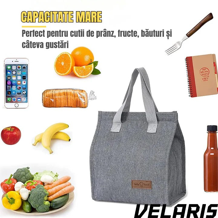 Geanta termoizolanta multifunctionala, pentru birou, picnic sau camping, 22.5x13x25.5 cm, material premium, design gri