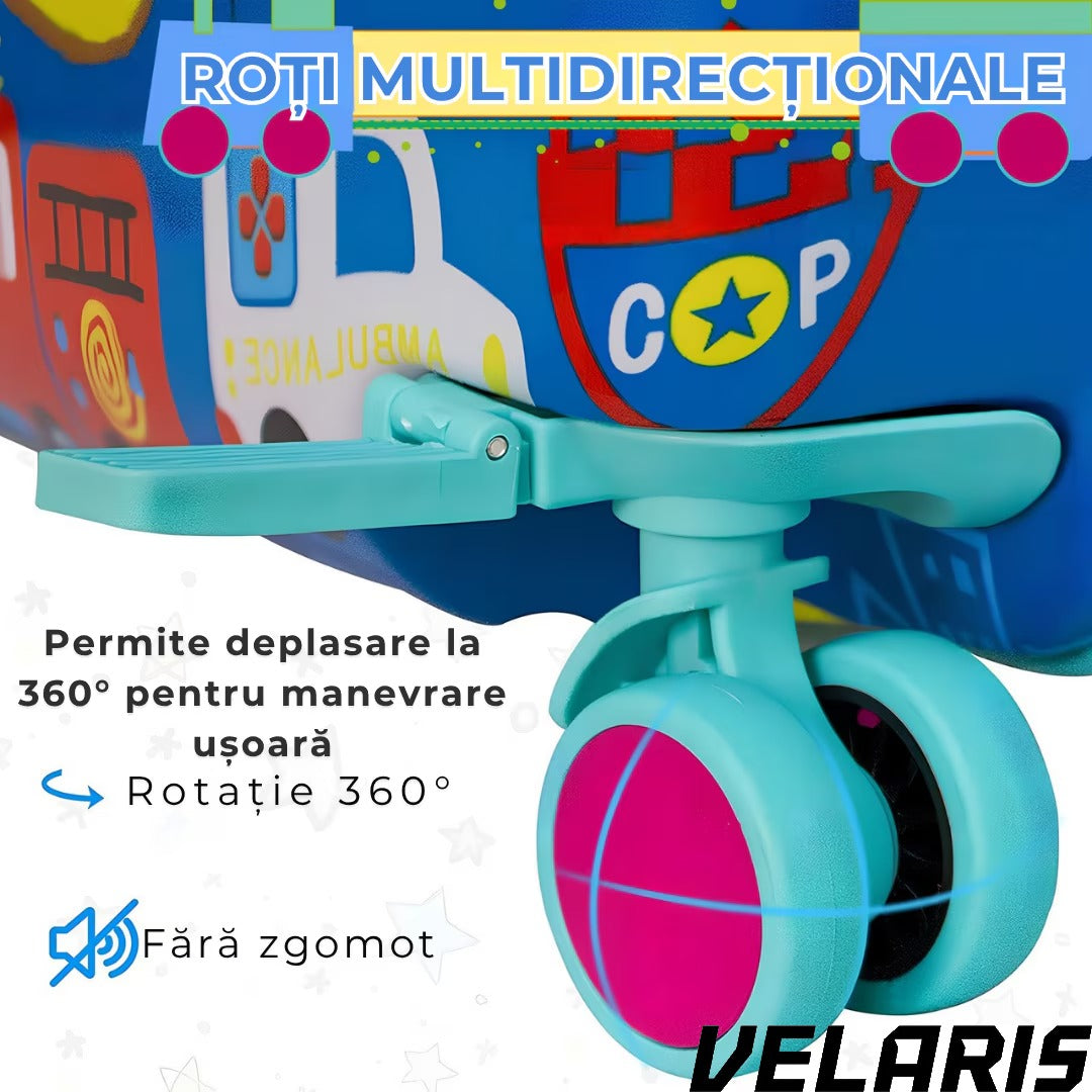 Geanta voiaj copii cu model inghetata, 28L, ABS rezistent la impact, functie scaun, suport picioare pliabil, roti 360°, albastru