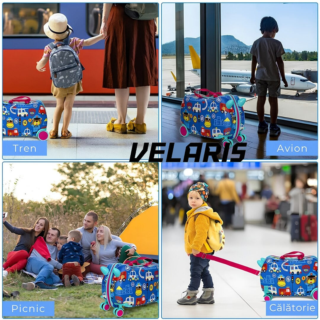 Geanta voiaj copii cu model inghetata, 28L, ABS rezistent la impact, functie scaun, suport picioare pliabil, roti 360°, albastru