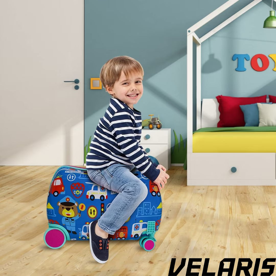 Geanta voiaj copii cu model inghetata, 28L, ABS rezistent la impact, functie scaun, suport picioare pliabil, roti 360°, albastru