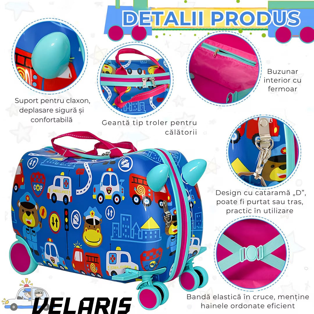 Geanta voiaj copii cu model inghetata, 28L, ABS rezistent la impact, functie scaun, suport picioare pliabil, roti 360°, albastru