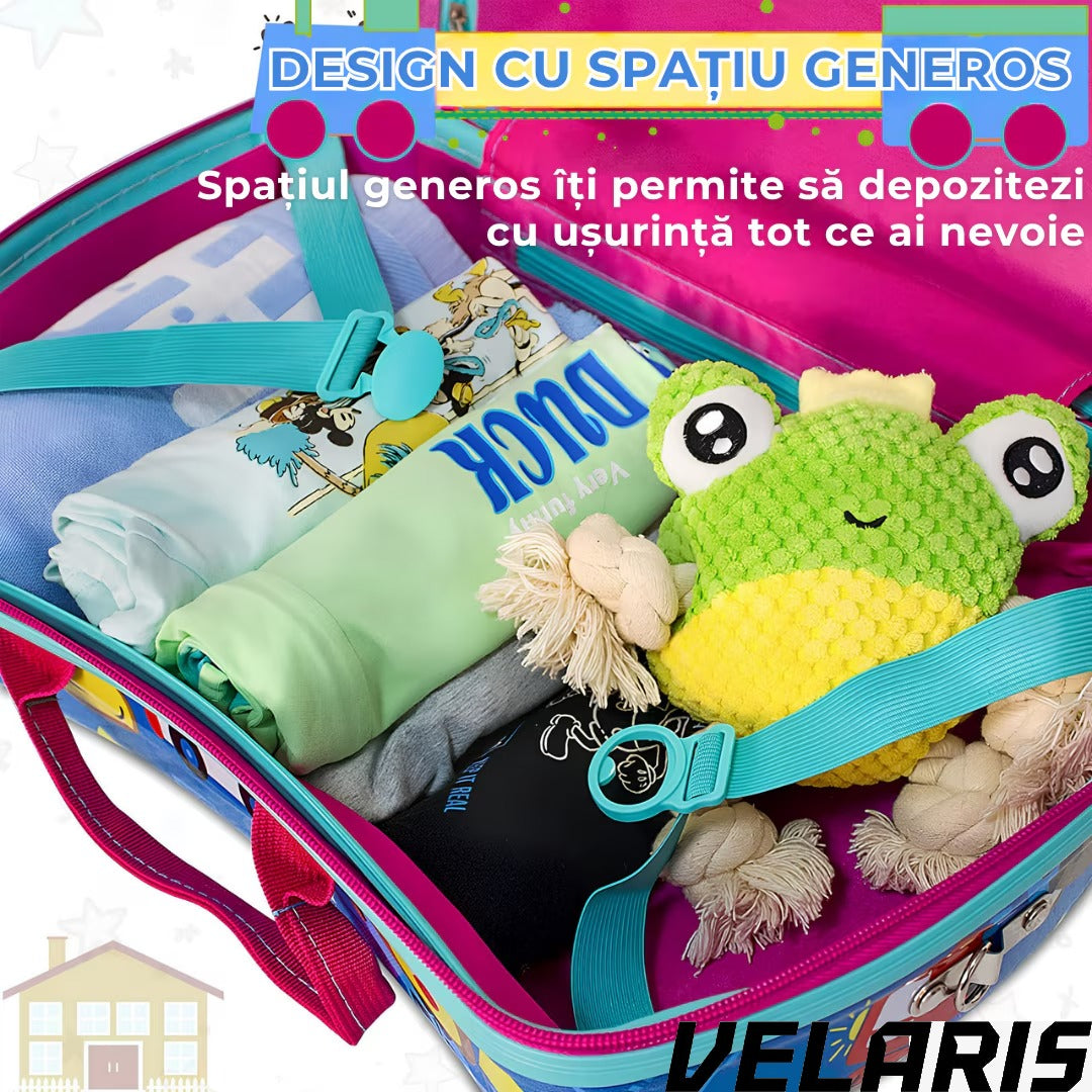 Geanta voiaj copii cu model inghetata, 28L, ABS rezistent la impact, functie scaun, suport picioare pliabil, roti 360°, albastru