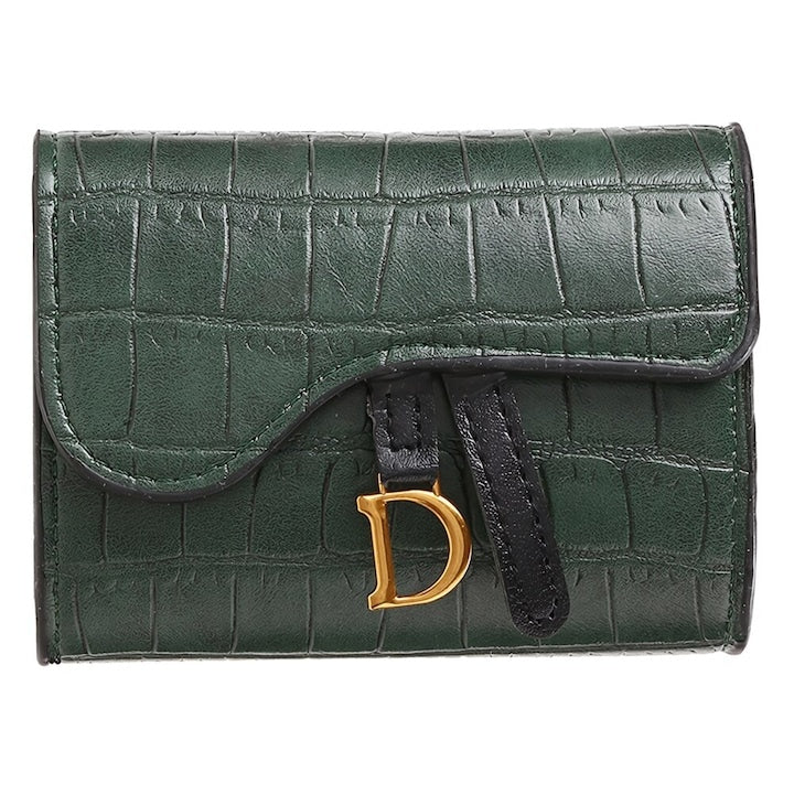 Portofel compact pentru carduri, piele ecologică, design elegant, verde