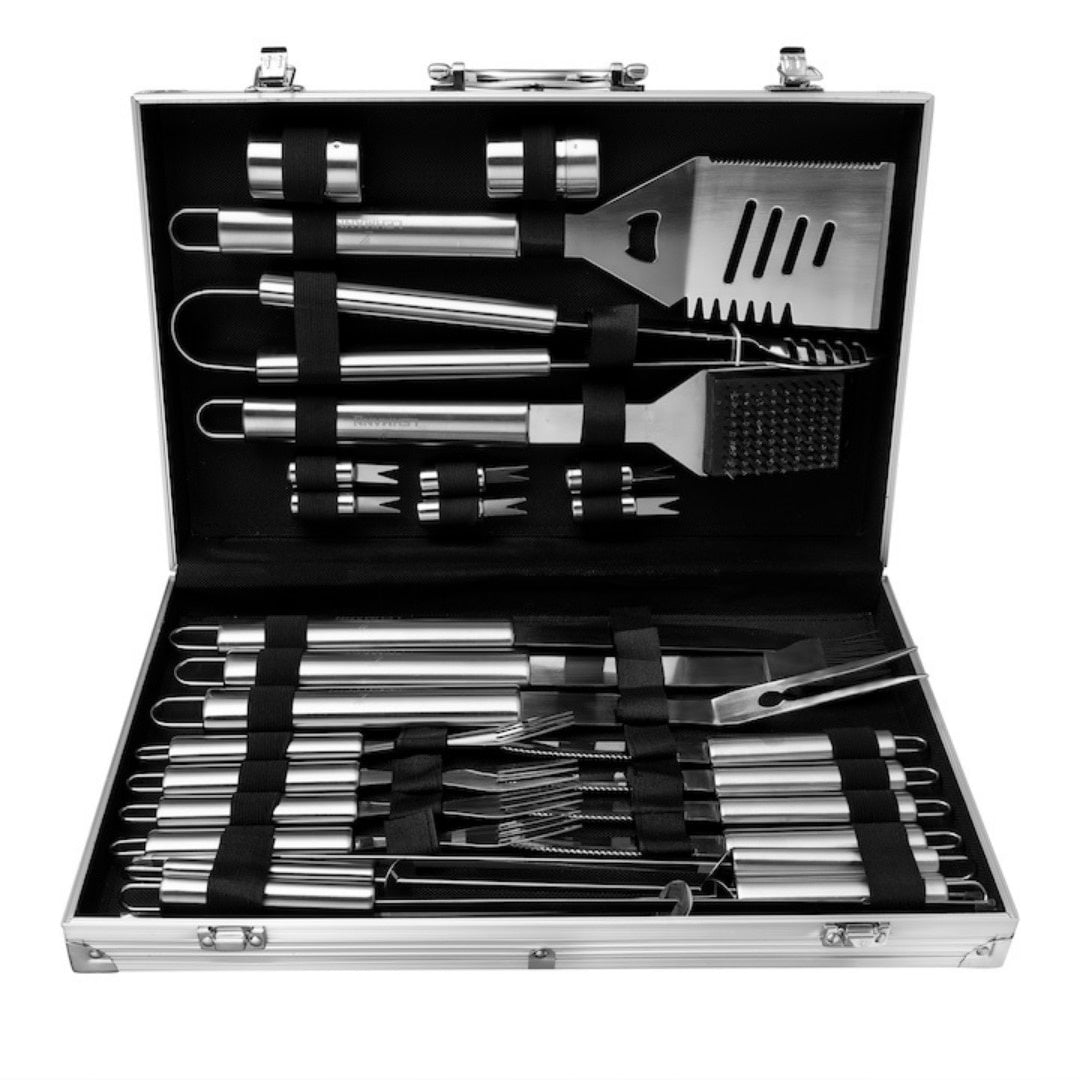 Set accesorii grătar 25 piese, oțel inoxidabil premium, geantă transport aluminiu 43x27x8cm