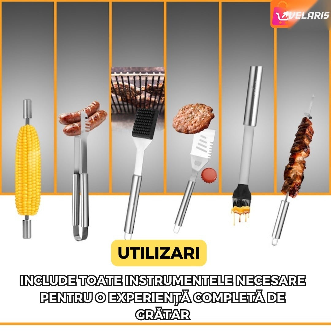 Set accesorii grătar 25 piese, oțel inoxidabil premium, geantă transport aluminiu 43x27x8cm