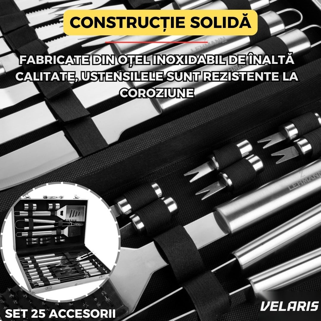 Set accesorii grătar 25 piese, oțel inoxidabil premium, geantă transport aluminiu 43x27x8cm