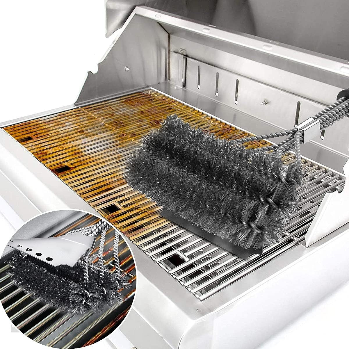 Perie grill din otel inoxidabil cu raschiator, 45x7x8 cm, sarma zincata