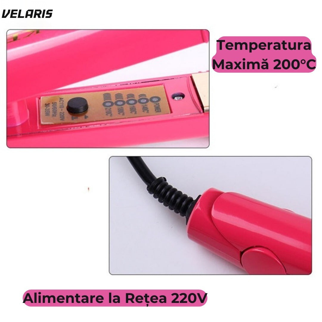 Placă de îndreptat părul cu plăci ceramice, 4 niveluri de temperatură, 200°C, roz