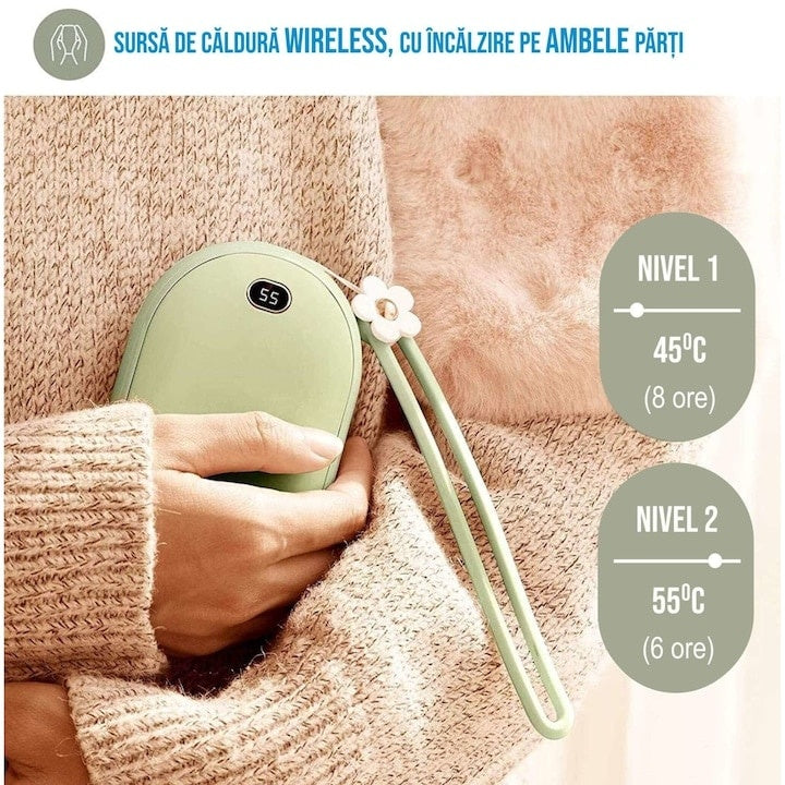 Încălzitor de mâini 2 în 1 cu Powerbank 10000mAh, USB, 2 niveluri de temperatură 45°/55°, portabil, verde