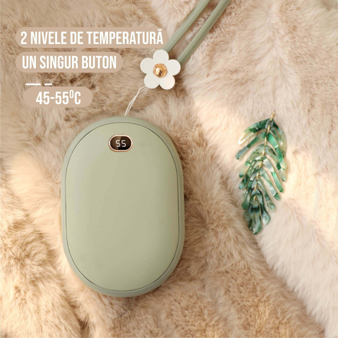 Încălzitor de mâini 2 în 1 cu Powerbank 10000mAh, USB, 2 niveluri de temperatură 45°/55°, portabil, verde