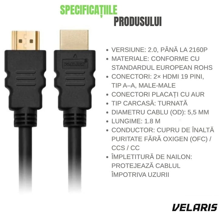 Cablu HDMI to HDMI, 1,8m, conectori aurii premium, 4K Ultra HD 60Hz, negru