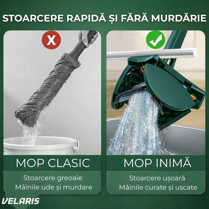 Mop în formă de inimă, cap rotativ 360°, telescopic 127 cm, Verde, cârpe microfibră