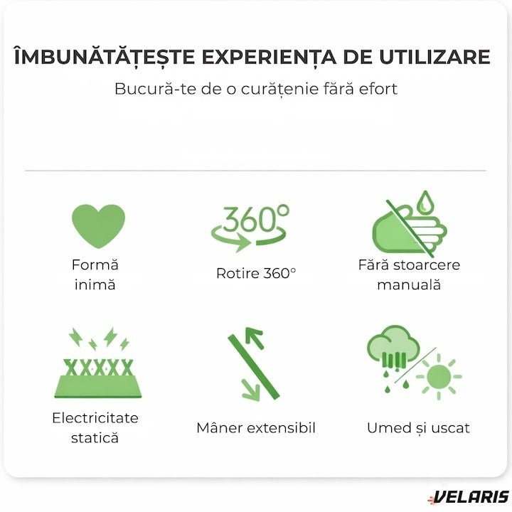 Mop în formă de inimă, cap rotativ 360°, telescopic 127 cm, Verde, cârpe microfibră