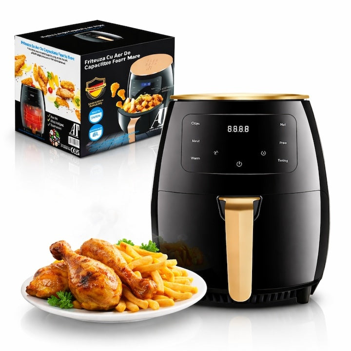 Friteuză cu aer cald, 6L, 2400W, 6 programe, filtru de aer integrat, ecran tactil, negru