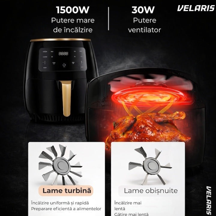 Friteuză cu aer cald, 6L, 2400W, 6 programe, filtru de aer integrat, ecran tactil, negru