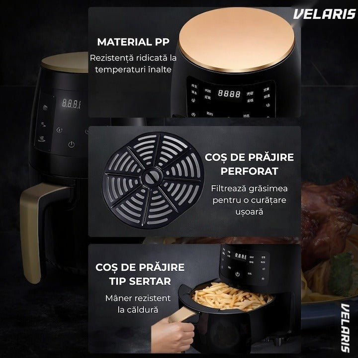 Friteuză cu aer cald, 6L, 2400W, 6 programe, filtru de aer integrat, ecran tactil, negru