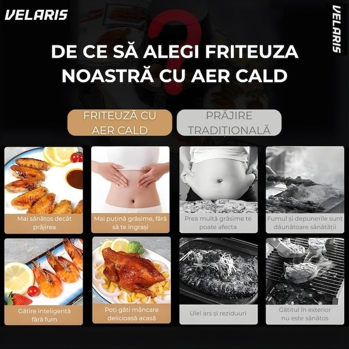 Friteuză cu aer cald, 6L, 2400W, 6 programe, filtru de aer integrat, ecran tactil, negru