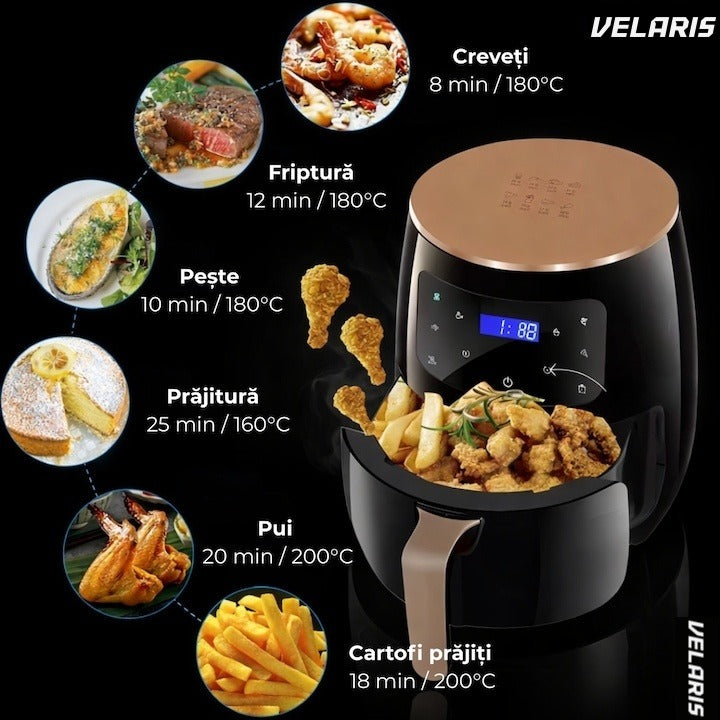 Friteuză cu aer cald, 6L, 2400W, 6 programe, filtru de aer integrat, ecran tactil, negru