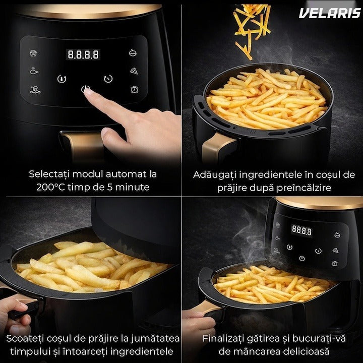 Friteuză cu aer cald, 6L, 2400W, 6 programe, filtru de aer integrat, ecran tactil, negru