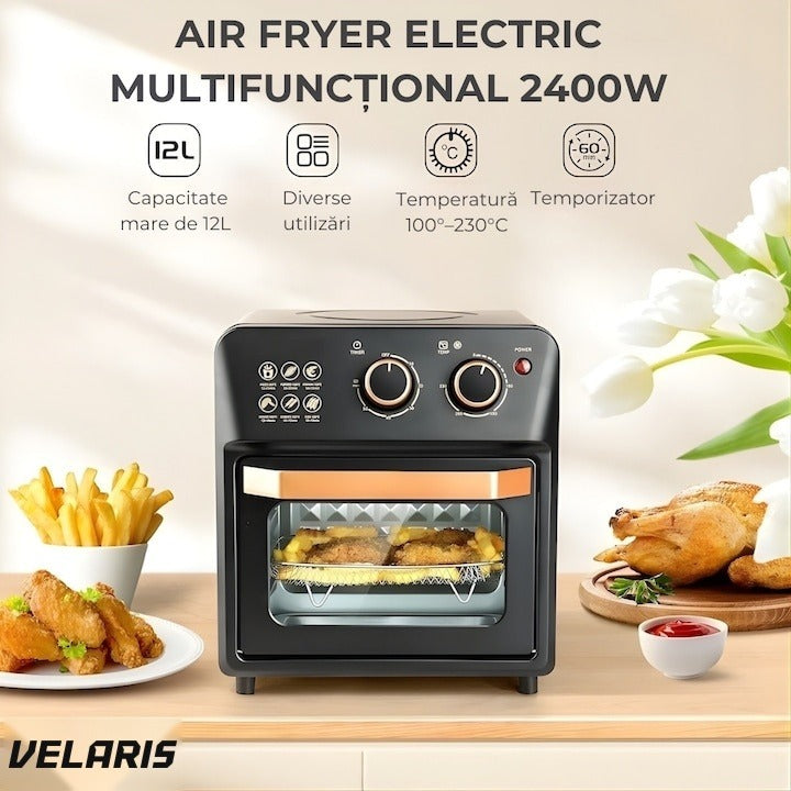 Cuptor electric cu friteuză cu aer cald, design retro, 12L, circulație aer 360°, funcție toaster