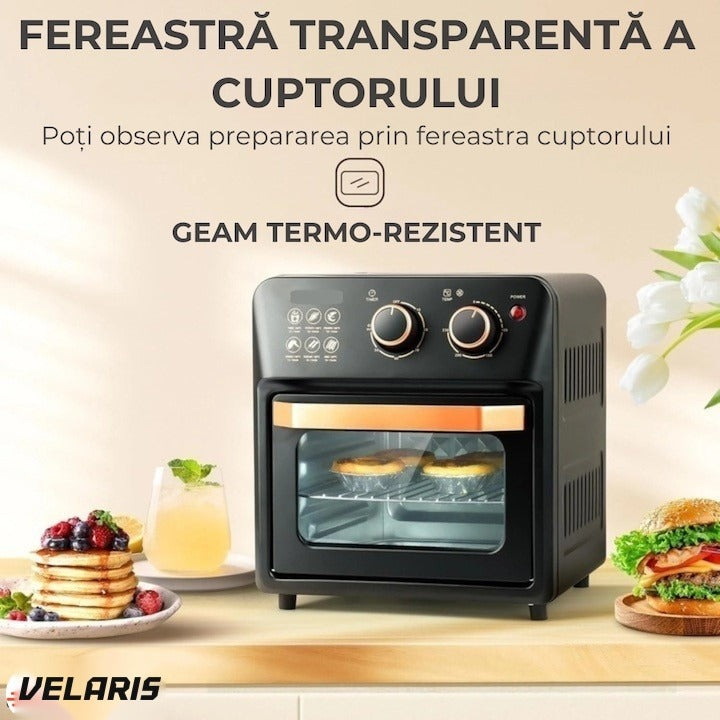 Cuptor electric cu friteuză cu aer cald, design retro, 12L, circulație aer 360°, funcție toaster