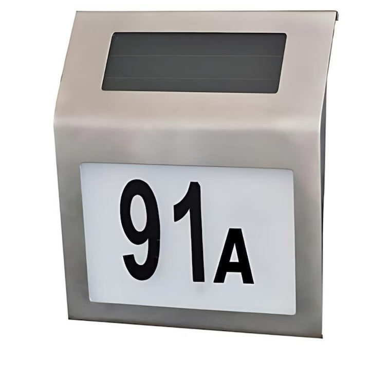 Placuță număr casă cu iluminare LED solară, detecție automată zi-noapte, oțel inoxidabil