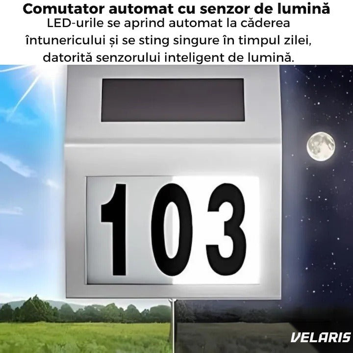 Placuță număr casă cu iluminare LED solară, detecție automată zi-noapte, oțel inoxidabil