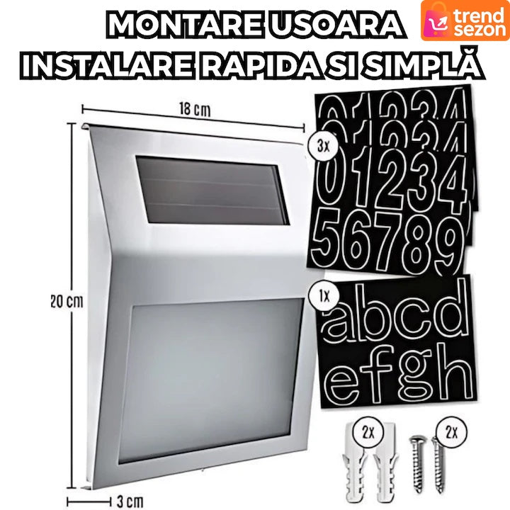 Placuță număr casă cu iluminare LED solară, detecție automată zi-noapte, oțel inoxidabil