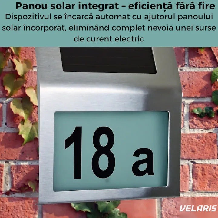 Placuță număr casă cu iluminare LED solară, detecție automată zi-noapte, oțel inoxidabil