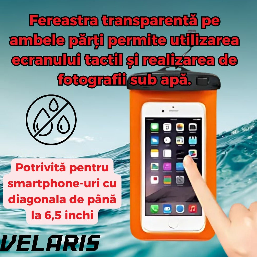 Husa Subacvatica Portocalie Transparenta cu Snur pentru Smartphone-uri si Dispozitive de Pana la 6.7 Inch, Protectie Impermeabila si Design Ergonomic