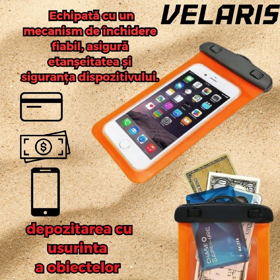 Husa Subacvatica Portocalie Transparenta cu Snur pentru Smartphone-uri si Dispozitive de Pana la 6.7 Inch, Protectie Impermeabila si Design Ergonomic
