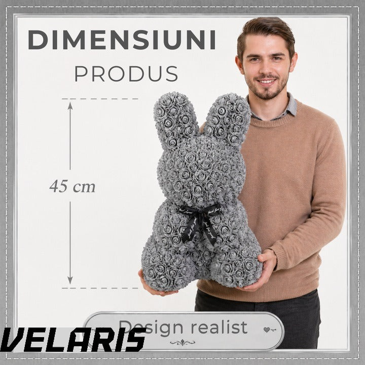 Iepuras Decorativ din Trandafiri Spuma Gri 45 cm cu Fundita Cutie Cadou Inclusa Decor Elegant
