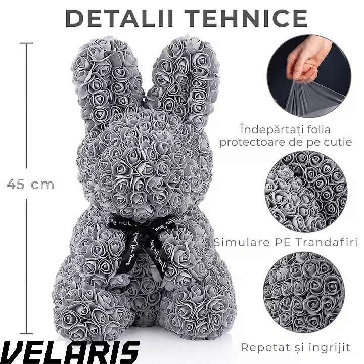 Iepuras Decorativ din Trandafiri Spuma Gri 45 cm cu Fundita Cutie Cadou Inclusa Decor Elegant