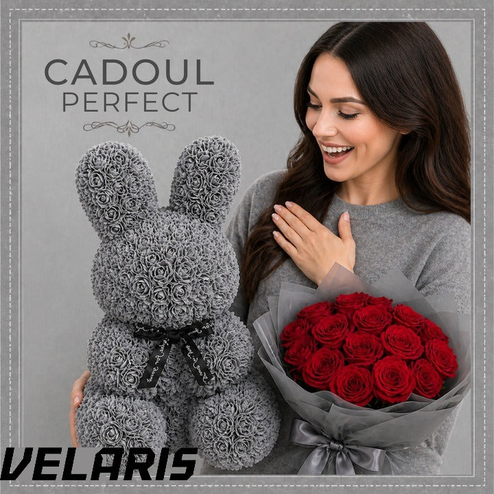 Iepuras Decorativ din Trandafiri Spuma Gri 45 cm cu Fundita Cutie Cadou Inclusa Decor Elegant